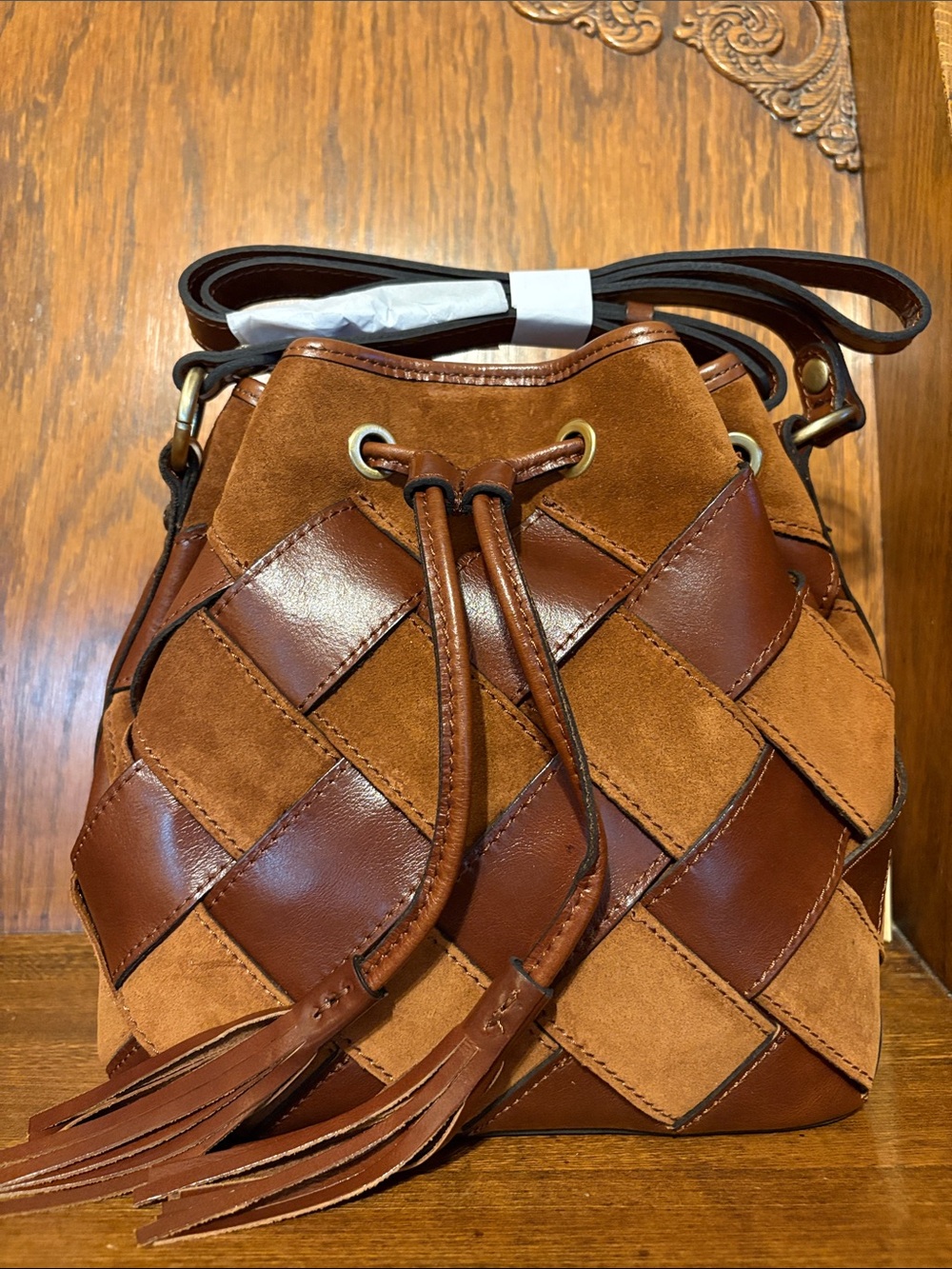 NWT-Patricia Nash-Bellona Bucket Bag-Suede Leather Weave Design-Cognac-$249 - Picture 2 of 15